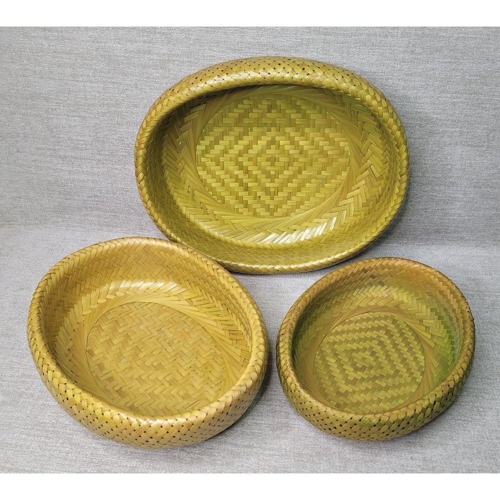3 Crate & Barrel Bambu Bamboo Nesting Bowls Woven 11 1/2" x 14" Large Basket - Picture 5 of 12